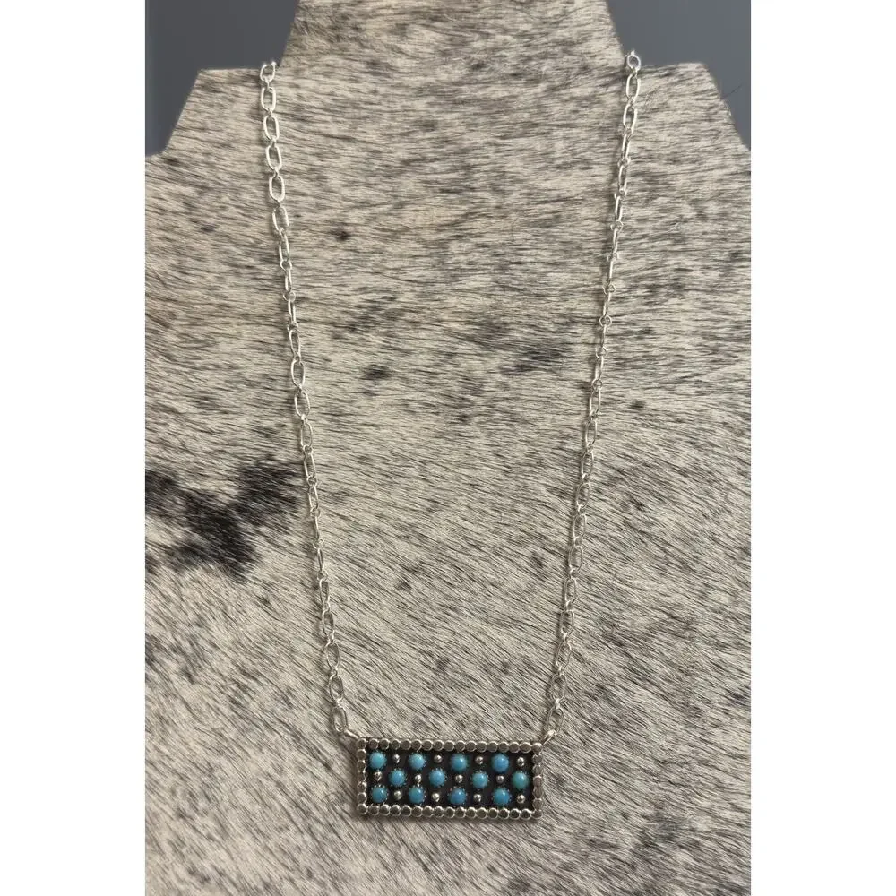 Native Navajo Handmade Sterling Kenny Longjose Kingman Turquoise Bar Necklace - Picture 2 of 10
